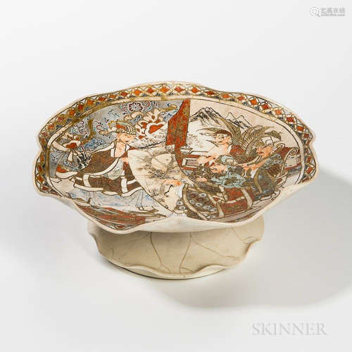 Kozan Satsuma Stemmed Dish, Japan, 19th/20th century, lotus-inspired lobed dish and foot with incised veins, depicting four Immortals v