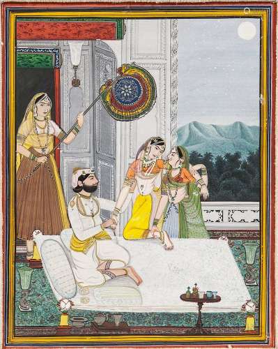 Miniature Painting, India, 20th century, ink, color, and gold on wasli, depicting a princely figure seated on a bed, surrounded by atte