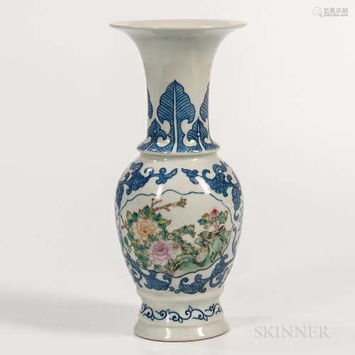 Blue and White Famille Rose Vase, China, Republic period, yen-yen form, enameled with a bird-and-flower design in two lobed panels agai