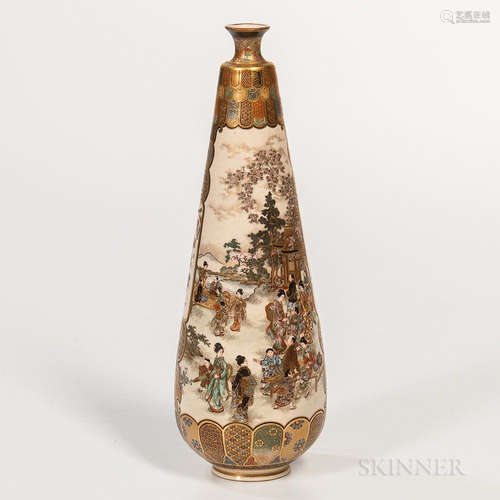 Ryozan Satsuma Bottle Vase, Japan, early 20th century, long conical form with splayed sides, decorated with landscapes with figures at