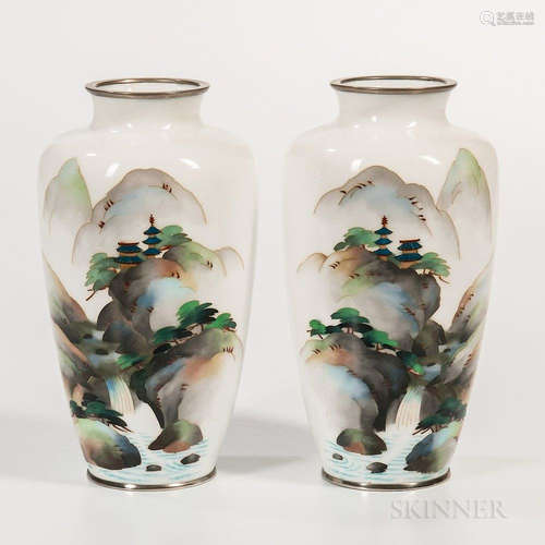 Pair of Cloisonne Vases, Japan, 20th century, decorated with a landscape against a white ground, ht. 7 1/4 in.