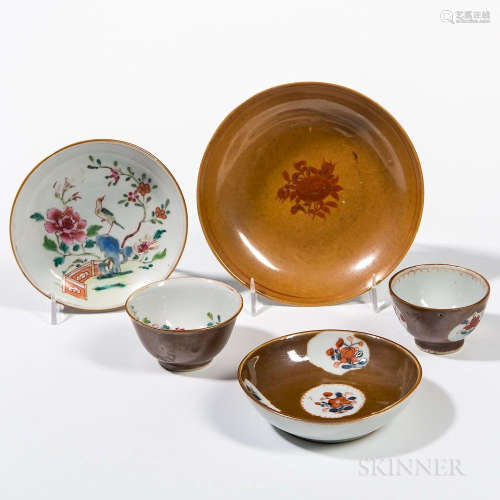 Five Export Batavia Brown-glazed Dishes and Cups, China, 19th century, a set of cup and saucer with enameled bird-and-flower design; a