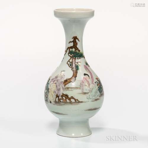 Enameled White Porcelain Vase, China, Republic period, footed pear-shape with banded mouth, decorated with a garden scene with a seated