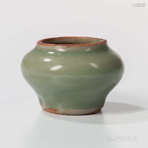 Miniature Celadon-glazed Jarlet, China, Ming dynasty style, compressed globular form with bisque mouth and foot rims, plain, ht. 1 1/4,