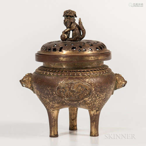 Gilt-bronze Tripod Censer and Cover, China, late Qing dynasty, compressed globular form with beast masks with rings (now missing) alter