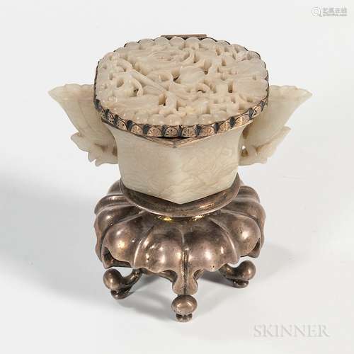 Silver-mounted Jade Inkwell, China and Europe, 19th/20th century, a celadon jade cup with lotus-form handles and carved floral decorati