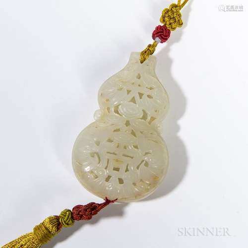 Nephrite Jade Double Gourd Openwork Pendant, China, two-piece carving, tied with a knotted string with tassel, decorated with bats and