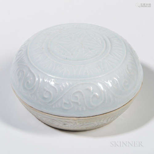 Qingbai-glazed Covered Box, China, Song dynasty style, circular, decorated with raised bands of floral and foliate scrolls around a cen