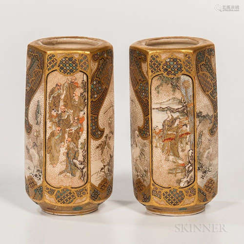 Pair of Small Hexagonal Satsuma Vases, Japan, Meiji period, tubular forms decorated with bird-and-flower designs alternating with figur