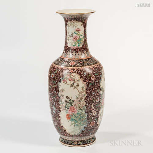 Tall Polychrome Enameled Vase, China, mid-20th century, baluster shape with trumpet mouth, decorated with a bird-and-flower designs in