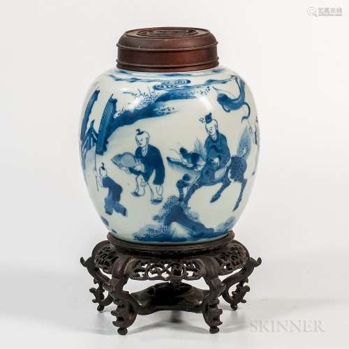 Small Blue and White Ginger Jar and Wood Cover, China, Kangxi style, oval form with short bisque neck, resting on a bisque foot ring, d