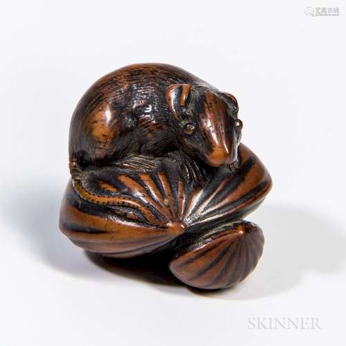 Lacquered Wood Netsuke, Japan, 20th century, in the shape of a mouse on chestnuts, unsigned, ht. 1 in.