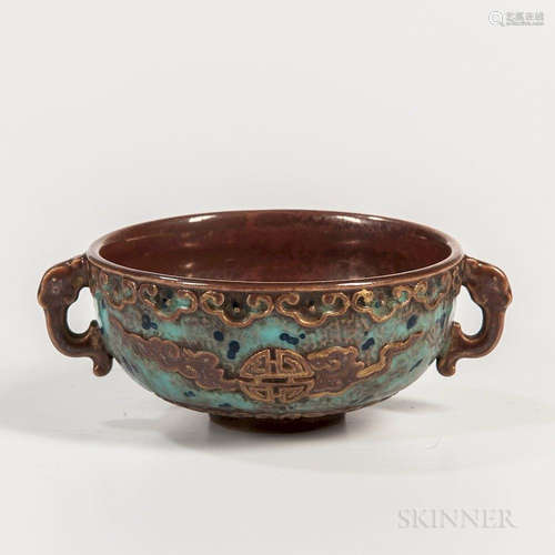 Small Robin's Egg Blue/Brown-glazed Cup, China, shallow bowl shape with chilong head handles, decorated in relief with shou clouds and