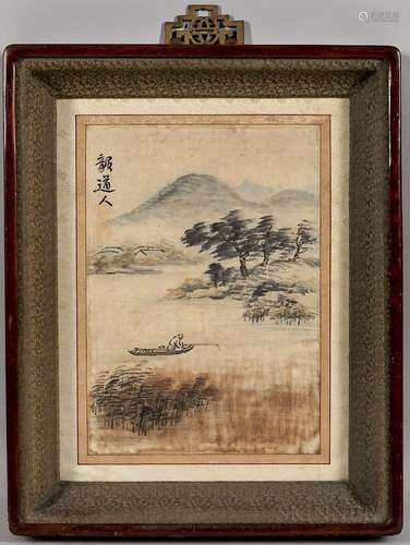 Heo Baek-Ryeon (1891-1977) Landscape, Korea, depicting a river with a fisherman on a boat, reeds, and a town, signed 