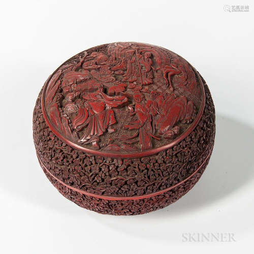 Carved Dark Red Cinnabar Lacquered Double-sided Box and Cover, China, possibly Qianlong period, slightly domed shallow bowl-shape, the