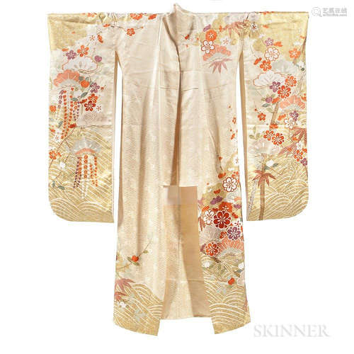 Kimono with Obi and Obi-age Sashes, Japan, 20th century, the creamy yellow kimono decorated with bamboo and plums in red and gold, with