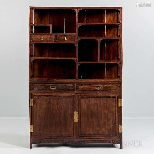 Hardwood Display Cabinet, China, early 20th century, upper case with ten stepped shelves and two small drawers, sides with openwork gal