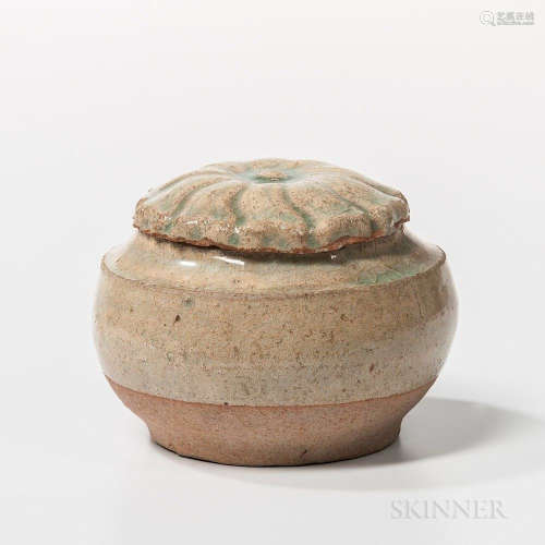 Small Celadon-glazed Earthenware Box and Cover, China, Tang dynasty style, slightly compressed globular form with short concave shoulde