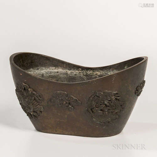 Bronze Sycee-shaped Censer, China, 19th/20th century, decorated with roundels of shishi design in relief, signed 