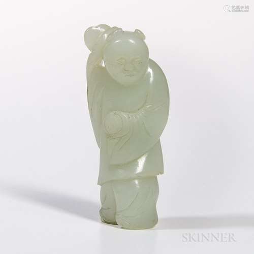 Nephrite Jade Carving of a Boy, China, standing with a lingzhi mushroom in his raised right hand, pale celadon stone, ht. 3 1/8 in.