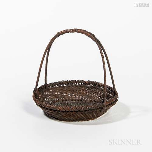 Small Woven Basket by Hayakawa Shokosai I (1815-1897), Japan, 19th century, dish-shape with handle, lacquered bamboo and rattan, three-