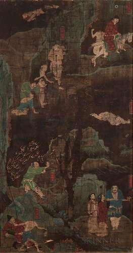 Panel Painting Depicting Six Torments, China, possibly Ming dynasty, with a headless ghost Wutou gui, each torment with a titled cartou