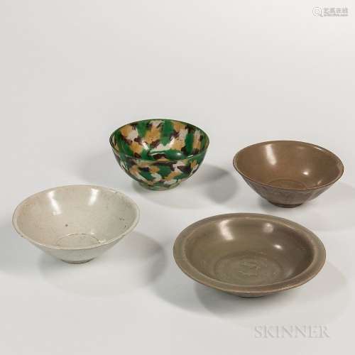 Four Ceramic Items, China, a Ming-style Longquan celadon twin fish plate; a Song-style celadon bowl with lotus design; a Song style din