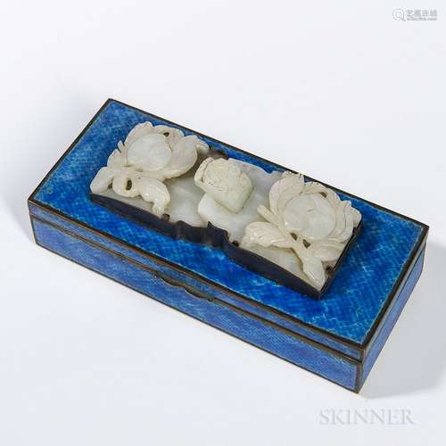 Jade Belt Buckle on Blue-enameled Metal Box, China, 20th century, rectangular, on four pea-size feet, with hinged cover surmounted with