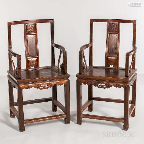 Pair of Hardwood Armchairs, China, late 20th century, curved crest rail, S-shaped splat, curved armrests with carved front posts, singl