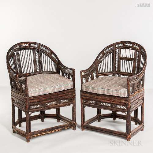 Pair of Horseshoe-back Lacquered Bamboo Armchairs, China, late 18th century, openwork backs and armrests, caned seats, openwork aprons,