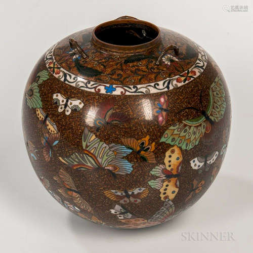 Cloisonne Hanging Ikebana Vase, Japan, 20th century, globular form with slightly raised mouth encircled with three bamboo-stalk-inspire