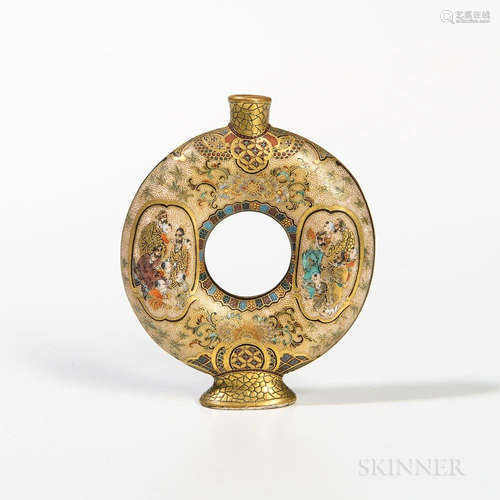 Miniature Meizan Satsuma Flask Vase, Japan, late 19th century, donut-shape, resting on an oval stemmed foot, decorated with Immortals i