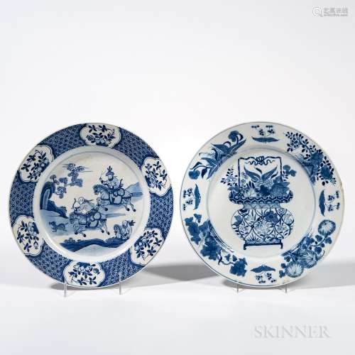 Two Blue and White Plates, China, Kangxi style, one with a hunting scene in a double ring below a broad band around rim; and one with a