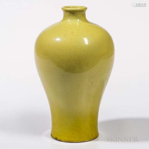 Yellow-glazed Meiping Vase, China, 18th century, the body rising to full rounded shoulders, with long tapered mouth and everted rim, al