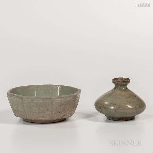Two Celadon-glazed Items, Korea, Goryeo dynasty, an octagonal sanggam dish decorated with a double chrysanthemums in white and black sl