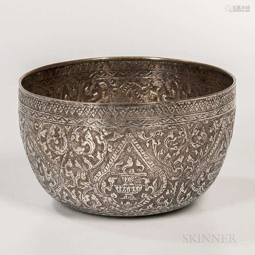 Export Silver Bowl, China, late Qing dynasty, the deep, high-sided bowl incised with vases and scrolling arabesques, impressed hallmark