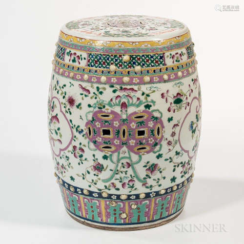 Polychrome Enameled Garden Seat, China, 19th/20th century, barrel form, decorated with birds and flowers in two lobed panels alternatin