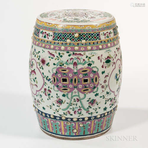 Polychrome Enameled Garden Seat, China, 19th/20th century, barrel form, decorated with birds and flowers in two lobed panels alternatin