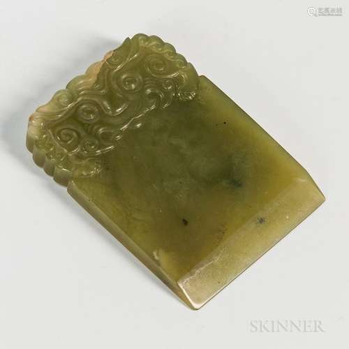 Archaic-style Green Serpentine Carving, China, early 20th century, rectangular blade-form with slanted edge to one side, with a stylize