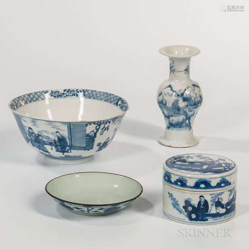 Four Blue and White Porcelain Items, China, a large Kangxi style bowl with a garden scene with figures and calligraphy, six-character C
