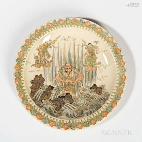 Taizan Satsuma Plate, Japan, early Meiji period, illustrating the monk Mongaku seated under a waterfall, with raised rocks and a floral