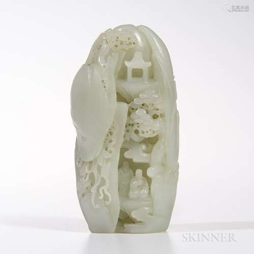 Carved Nephrite Jade Mountain, China, with Daoist Immortals, pavilions, pines, and willows, pale celadon stone with gray marking, ht. 5