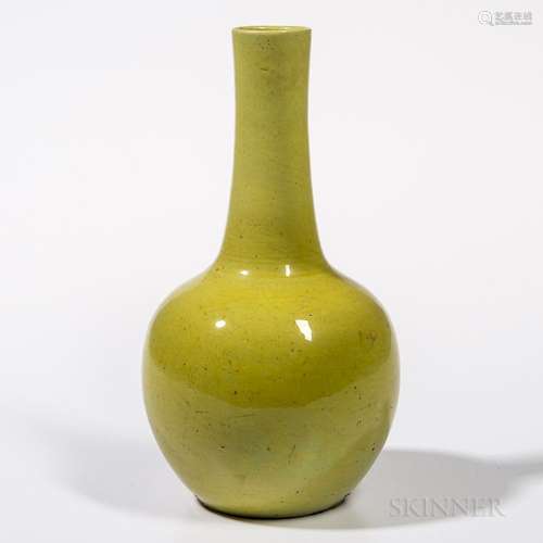 Yellow-glazed Vase, China, 18th century, globular bottle shape with elongated tapering neck, with an even pale yellow glaze, incised si