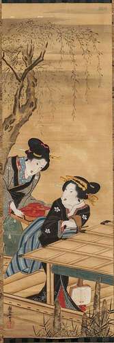 Hanging Scroll Depicting Two Beauties, Japan, 19th/20th century, the women engaged in a conversation under a willow tree, signed with a