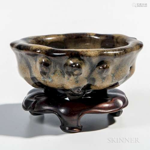 Small Tripod Censer, China, Song dynasty style, shallow dish form with tripod feet and four raised bumps on each side, decorated with a