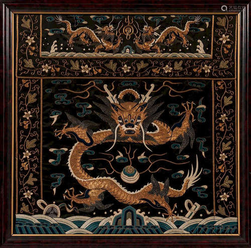 Embroidered Altar Cloth, China, late 19th/early 20th century, the square panel decorated with a front-facing dragon surrounded by ruyi-