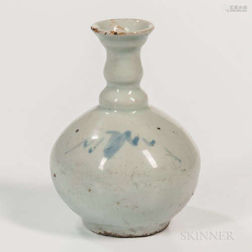 Blue and White Porcelain Bottle, Korea, 19th century, globular form with a long undulating neck and dish-shape mouth, decorated with tw
