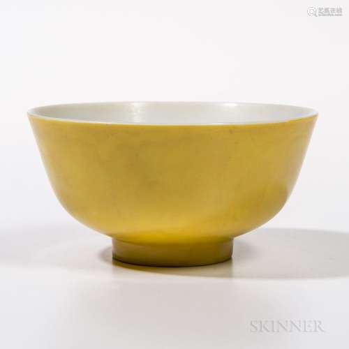 Yellow-glazed Bowl, China, 19th/20th century, shallow bowl, on a short raised foot, white-glazed interior and base, ht. 2 1/8, dia. 4 3