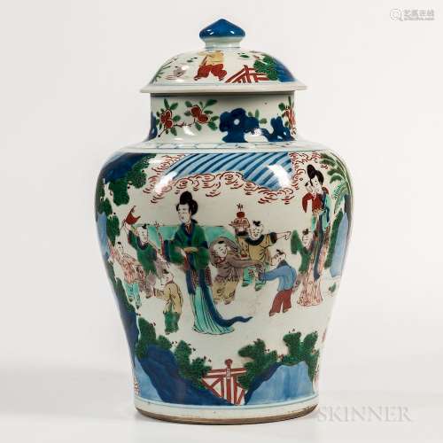 Wucai Jar and Cover, China, Kangxi style, baluster form, decorated with a garden scene with ladies and boys, bisque base, ht. 15 1/8 in