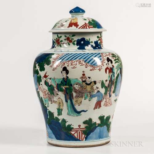 Wucai Jar and Cover, China, Kangxi style, baluster form, decorated with a garden scene with ladies and boys, bisque base, ht. 15 1/8 in